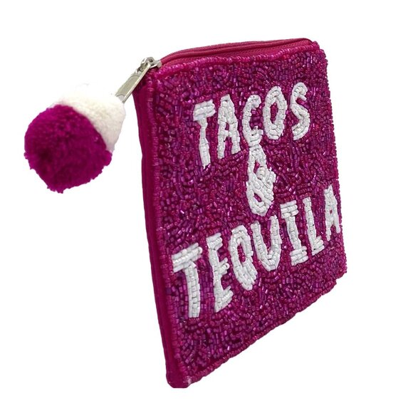 TACOS & TEQUILA Beaded Purse Pouch Makeup Money Credit Card Wallet Gift NEW - Picture 2 of 4